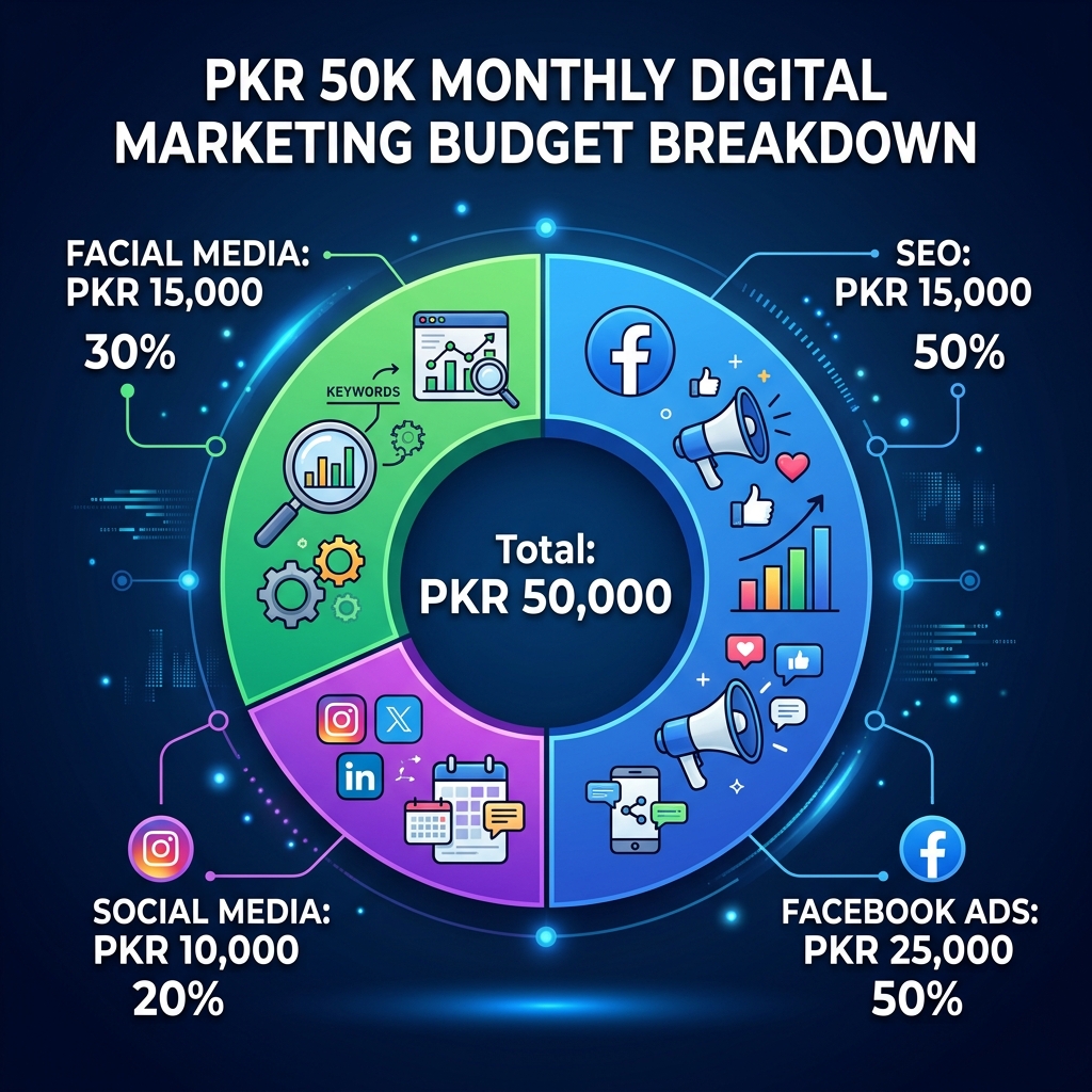 PKR 50,000 monthly budget allocation pie chart for digital marketing in Pakistan showing Facebook Ads 50%, SEO 30%, Social Media 20%