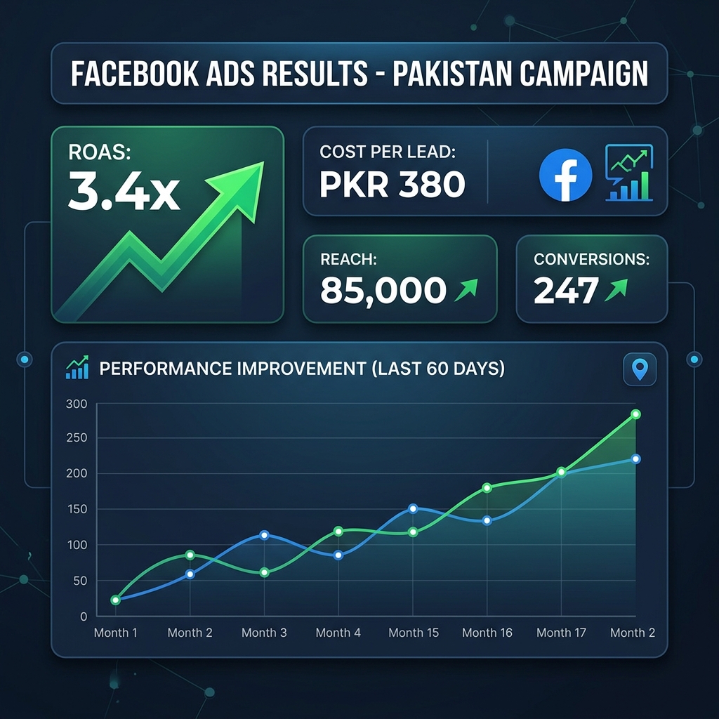 Facebook Ads Manager dashboard showing campaign results for a Pakistani business