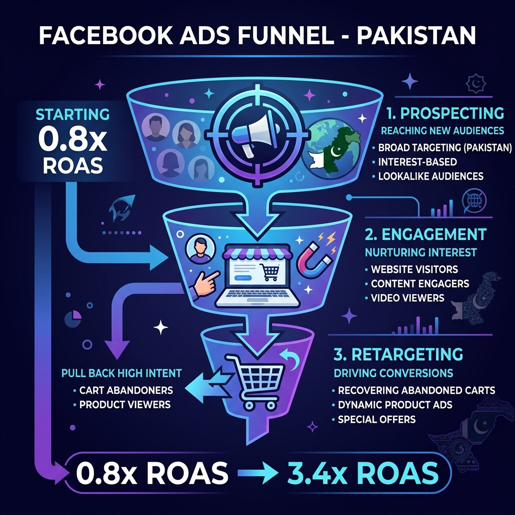 Facebook Ads funnel strategy showing prospecting, engagement, and retargeting stages for Pakistani e-commerce