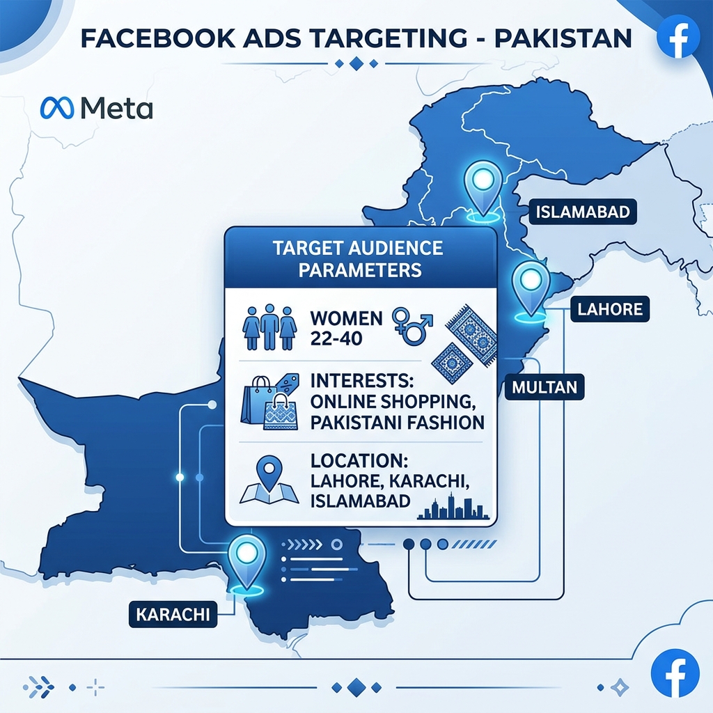 Facebook audience targeting settings showing city targeting for Lahore, Karachi, Islamabad, and Multan in Pakistan